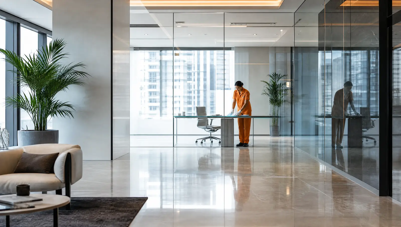 Modern office interior with polished floors (illustrative image)