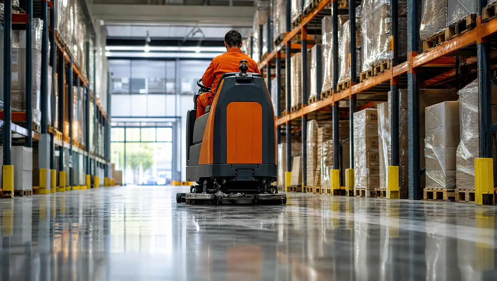 Ride-on scrubber cleaning a warehouse floor (illustrative image)