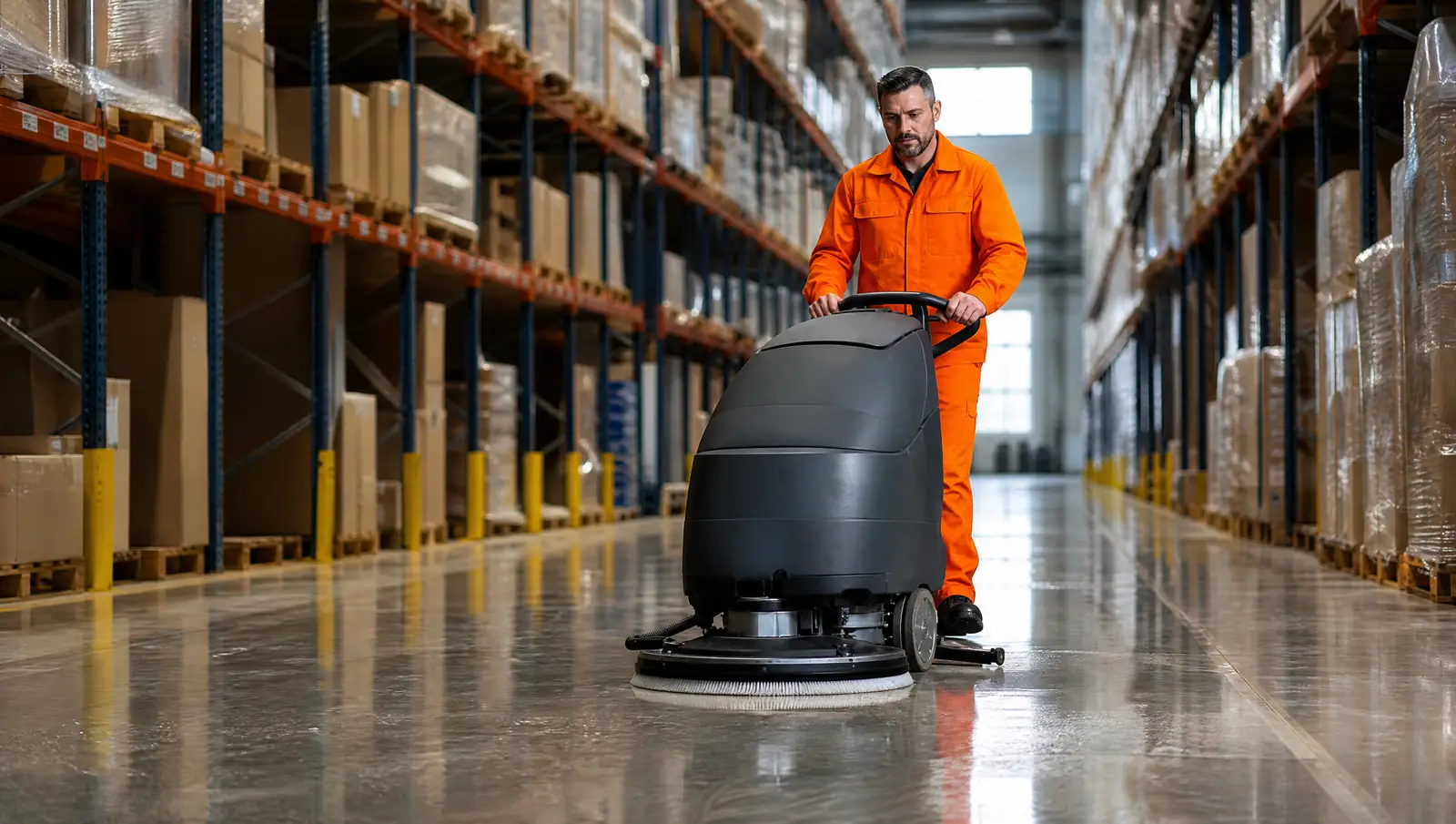 Floor scrubber in a spotless warehouse aisle (illustrative image)