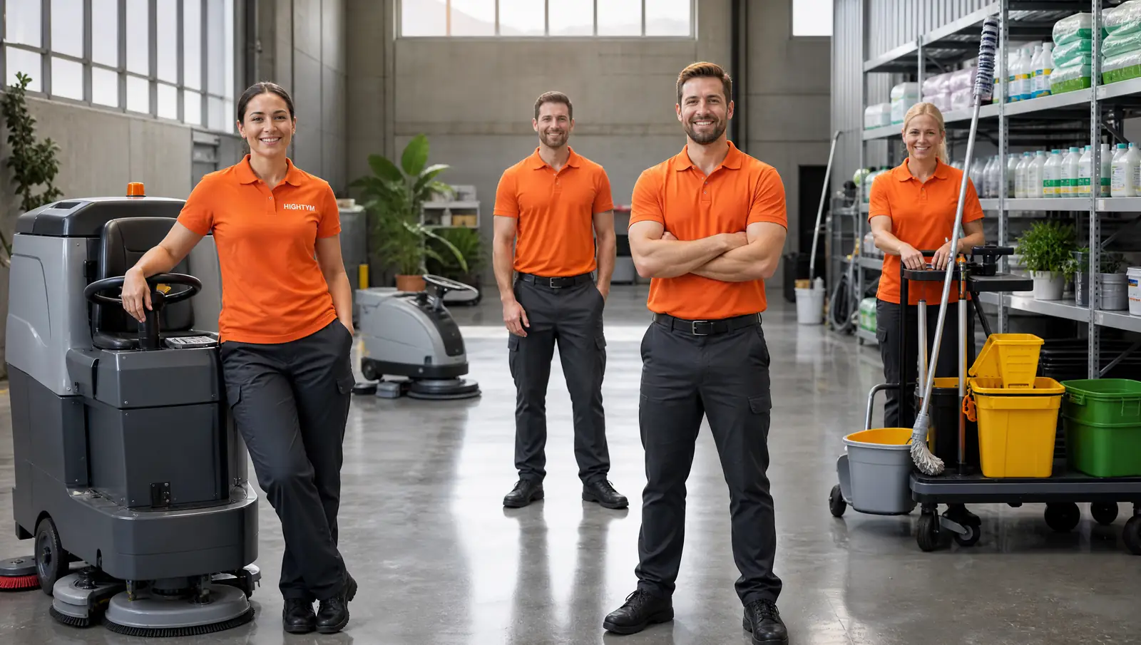 Commercial cleaning warehouse with equipment ready to go (illustrative image)