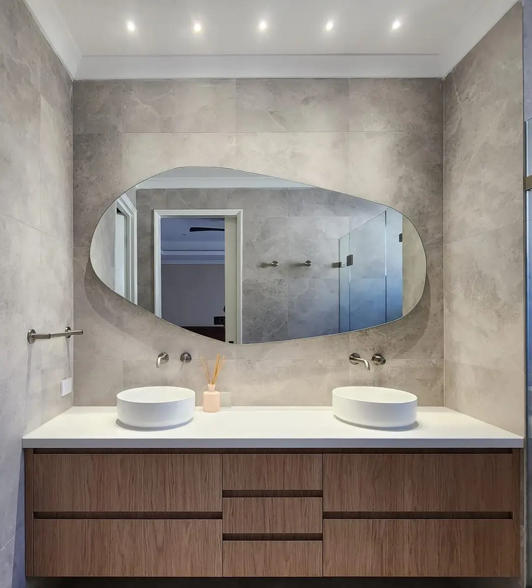 Custom bathroom mirror made and installed by Hightym
